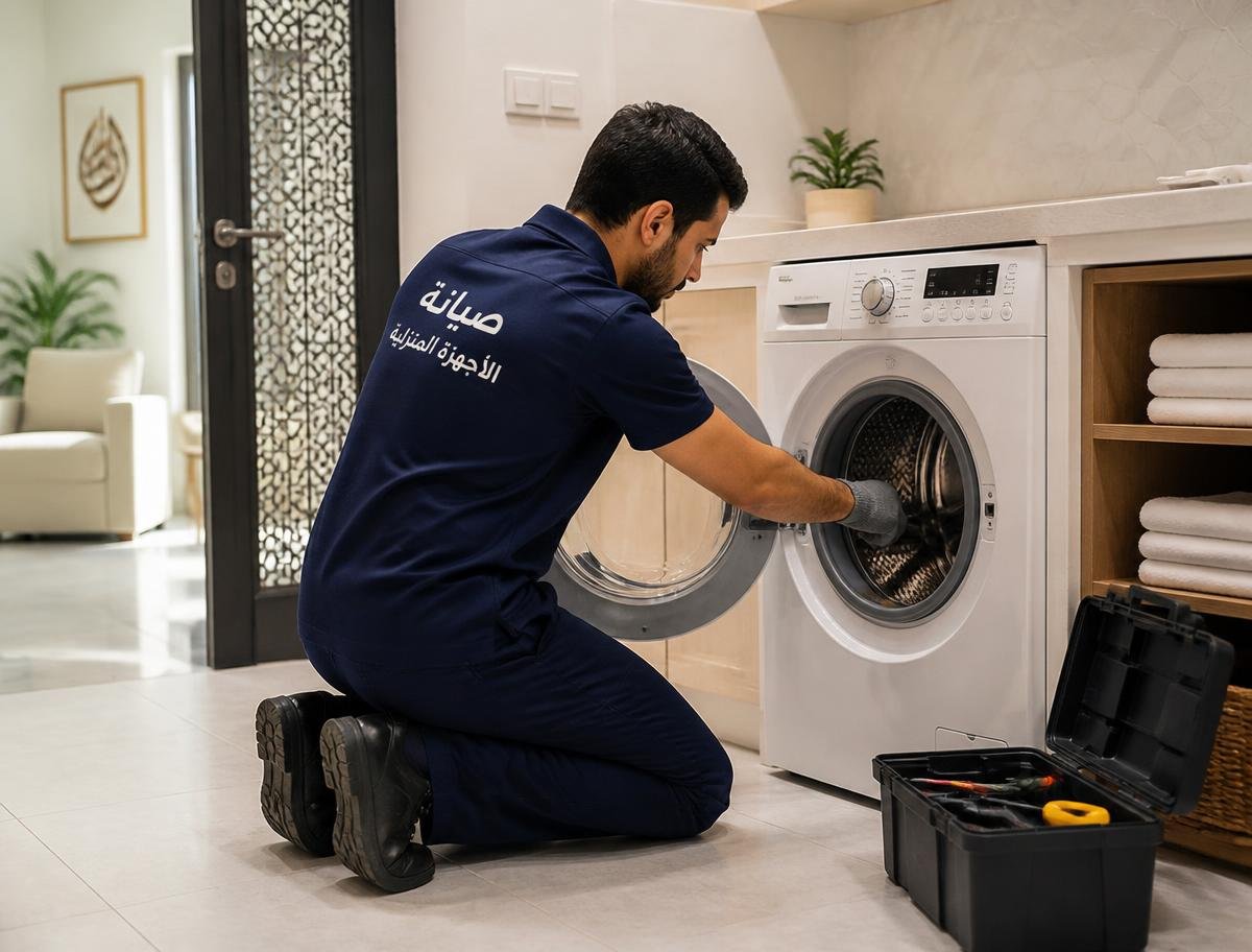 فني صيانة يصلح غسالة أوتوماتيك أمامية في منزل بالرياض